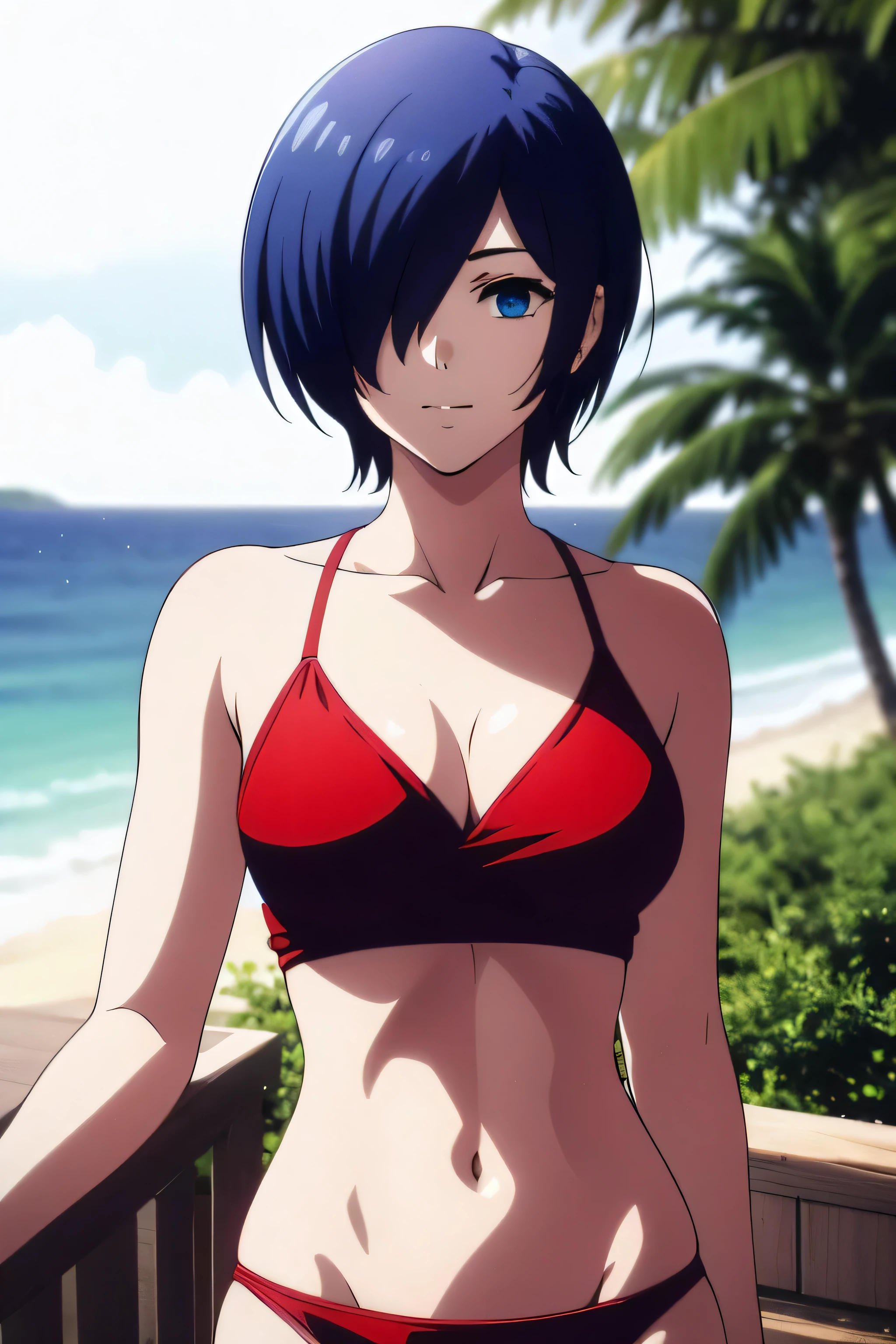 RAW photo, a portrait photo of  woman, (high detailed skin:1.2), 8k uhd, dslr, soft lighting, high quality, film grain, Fujifilm XT3, ((blue eye)) , short hair, woman, bare shoulders, straddling, straddling viewer, masterpiece, 1girl, HDR, UHD, 4K, ocean, island, outdoors, bright sky, sunny, clear sky, red bikini, small bikini, string bikini, huge breasts, two piece bikini, thong panties, big breasts, red thong, large breasts, cleavage, slim waist, slim stomach, slim, underboob, nice thighs, nice ass, big ass, cameltoe, full frame, upper body in frame, cowboy shot, looking at view, smile
