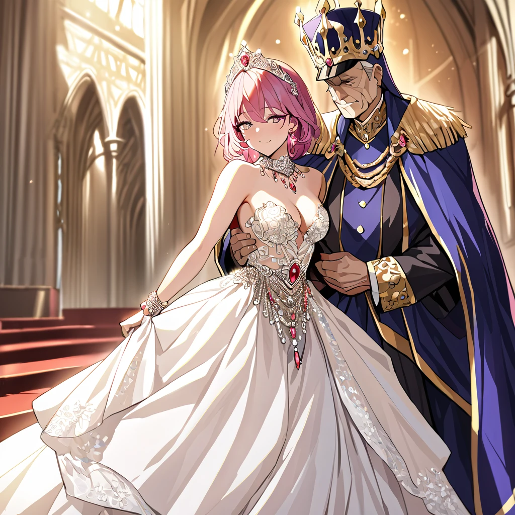 ((highest quality)), ((masterpiece)), (detailed), (Perfect Face)、(The woman is Lena, with short pink hair and a happy smile, and is in a luxurious church, holding a political wedding ceremony with a dignified evil emperor, clinging closely to the emperor.、The woman is wearing a gorgeous jeweled wedding dress, a wedding veil, a gorgeous jeweled wedding dress skirt, an engagement ring, a gold jeweled tiara, a gorgeous head dress chain, a gorgeous jeweled necklace, gorgeous earrings, gorgeous bracelets, gorgeous ankle bracelets, a gorgeous jeweled waist chain, and an engagement ring.)、The man is an elderly, powerful, evil, great emperor wearing a luxurious imperial costume, a luxurious fur cloak, and a magnificent crown, and he embraces the woman, clinging to her.