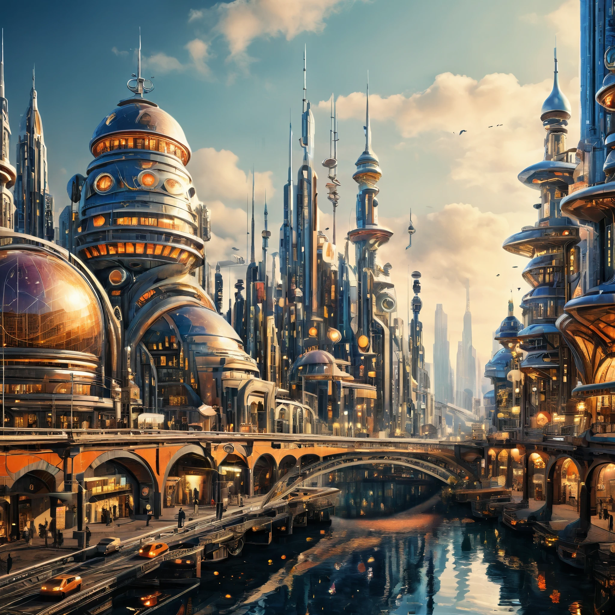 A retro-futuristic city with vintage-style architecture combined with modern technology, set in a vibrant urban landscape, photorealistic, digitally enhanced.