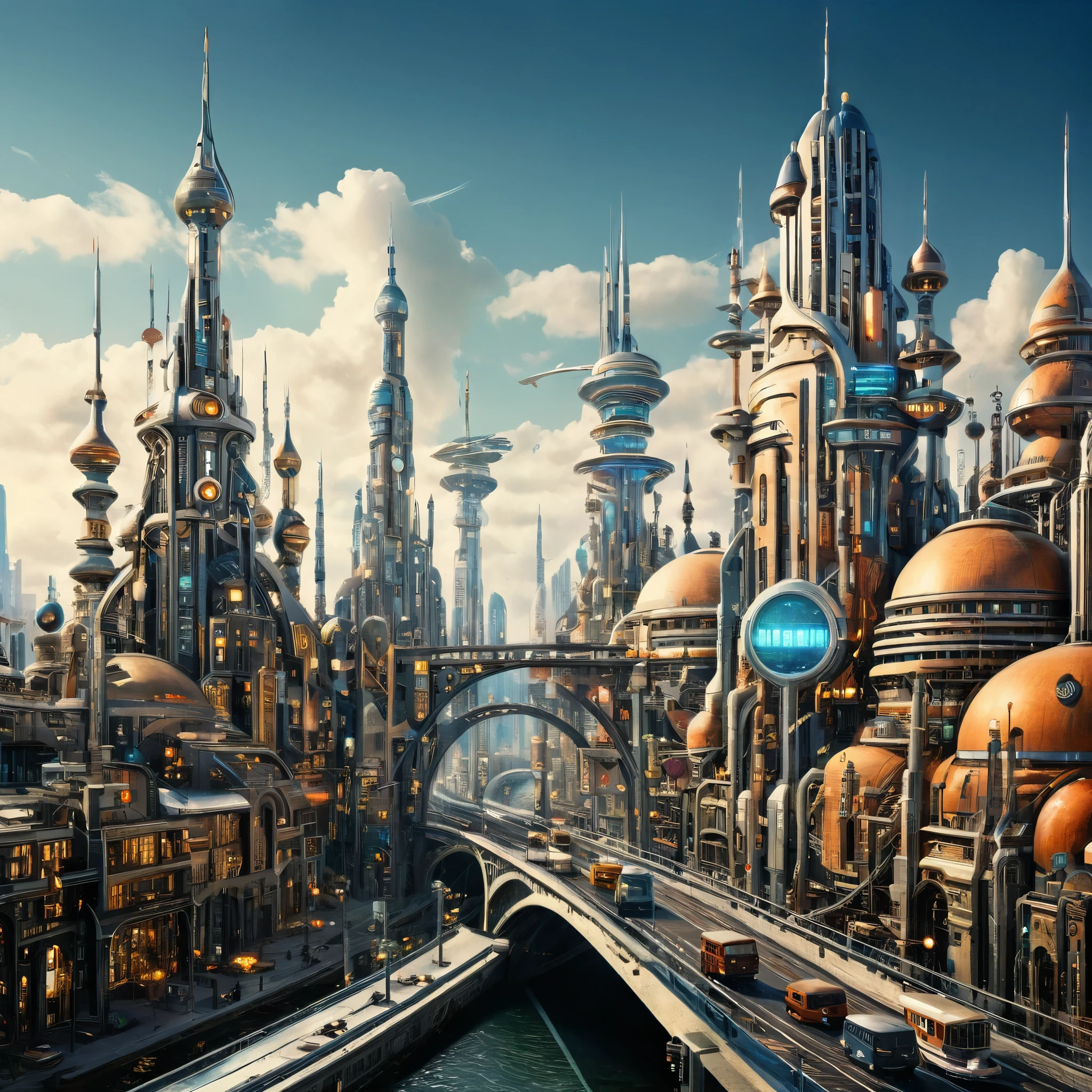 A retro-futuristic city with vintage-style architecture combined with modern technology, set in a vibrant urban landscape, photorealistic, digitally enhanced.