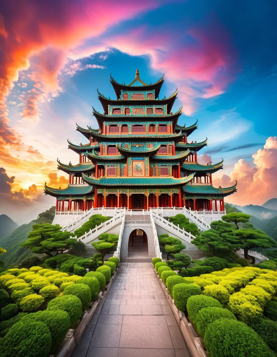 In a dreamy scene full of Chinese style, the fairy heavenly palace, surrounded by colorful clouds, glamorous. Use a wide-angle lens to capture this magnificent sight, bringing a super shocking visual effect. The clouds in the sky are colorful, full of movement and vitality. The picture quality is super clear, every detail is clearly visible, and the whole picture is full of mystery and dreamy atmosphere.