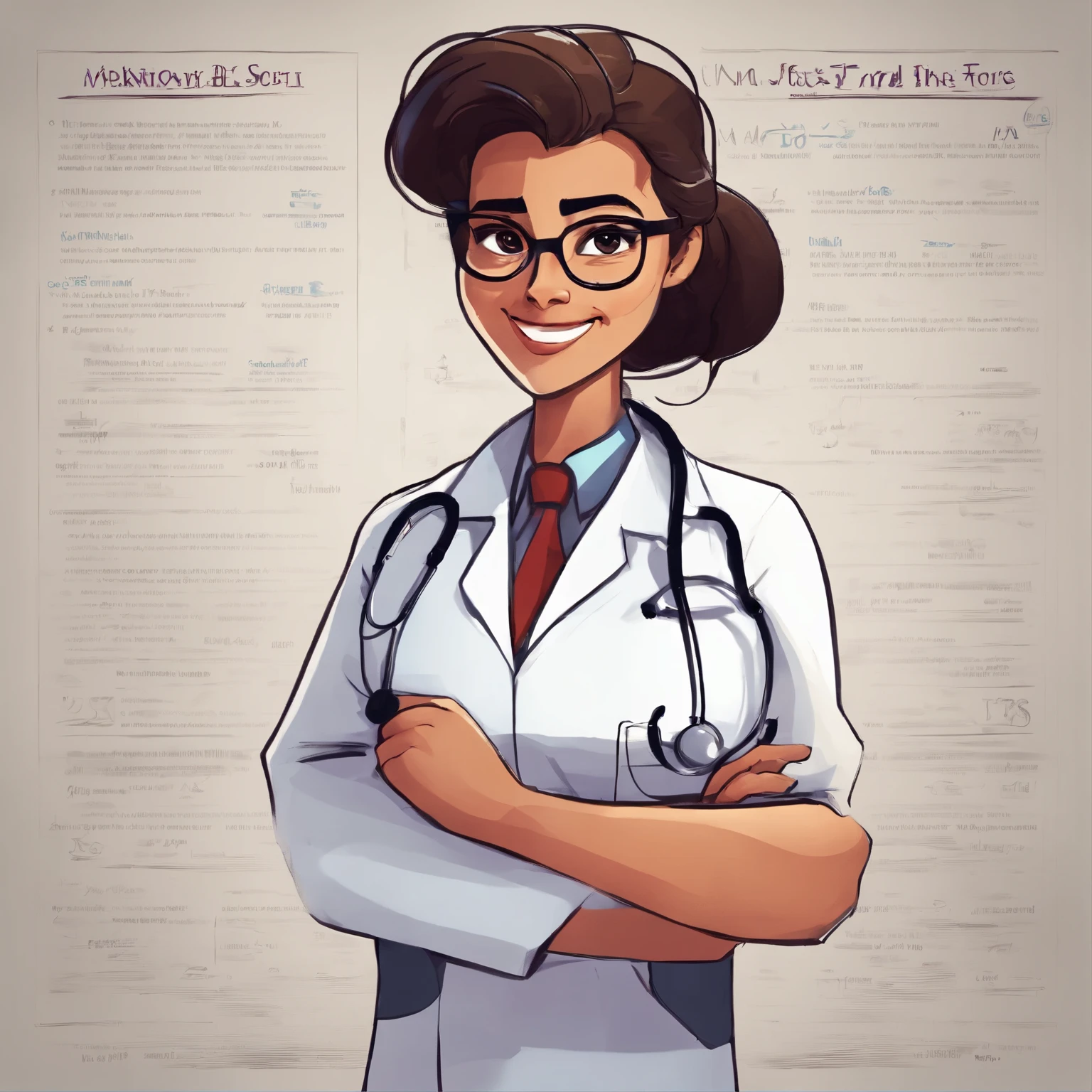 Create a poster in the style of DISNEY PIXAR 8k movies, and put the Title written: BRUNELLA. The setting should be a gorgeous realistic doctor's office, com cores claras e tons de azul, ample space. A imagem principal deve ser de uma mulher com 30 anos, beautiful nurse, de pele branca, cabelos curtos e lisos na cor preta, a mulher com sorriso no rosto, Wearing glasses and dressed like a doctor. The woman must occupy up to 30% da imagem, at the top should have the title in PIXAR DISNEY handwriting and style.