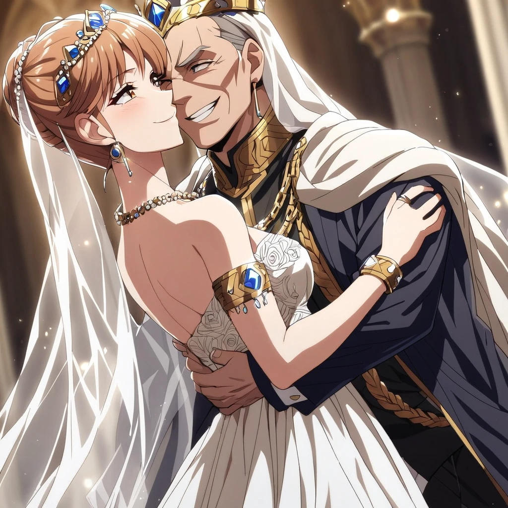 ((highest quality)), ((masterpiece)), (detailed), （Perfect Face）、（The woman is Princess Leona, with long light brown hair and a happy smile. She is in a luxurious church, holding an arranged wedding ceremony with a dignified evil emperor, and they are close to each other and cling to each other.、The woman is wearing a gorgeous jeweled wedding dress, a wedding veil, a gorgeous jeweled wedding dress skirt, an engagement ring, a gold jeweled tiara, a gorgeous head dress chain, a gorgeous jeweled necklace, gorgeous earrings, gorgeous bracelets, gorgeous ankle bracelets, a gorgeous jeweled waist chain, and an engagement ring.）、The man is an elderly, powerful, evil, great emperor wearing a luxurious imperial costume, a luxurious fur cloak, and a magnificent crown, and he embraces the woman, clinging to her.