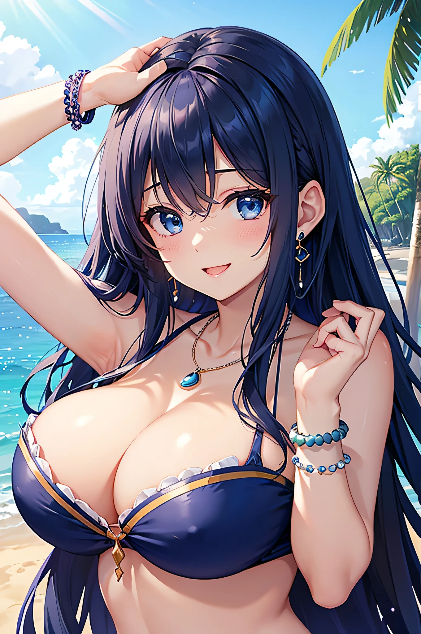 highest quality、Highest quality、masterpiece、beautiful girl、Navy blue long hair、blue eyes、Navy Blue Bikini、Big cleavage、(Big Breasts),smile、blue necklace、Blue Earrings、background(Beach)、Please open your mouth wide、White headband、bracelet、Raise both arms and place hands behind your head,Raise both elbows all the way up above your head