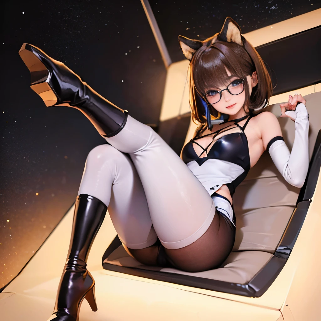 (masterpiece、best quality、Maximum resolution、Clear_image、details): (Full body pictures、 girl、Japanese Face、Small face、Thin、Navy super short bob、blue eyes、Blue and black shiny aviator suit、Armor to protect the chest、Tight clothing、Clothing that covers the entire body、leggings、Very delicate and beautiful、hide thighs、hide your ass、Cute、gentle smile、Soft expression、earphone、Knee-high boots、Glove length reaches elbow、Shoot at eye level、face directly、Woman on a spaceship), (((Camel toe))), ((Pure white pantyhose))