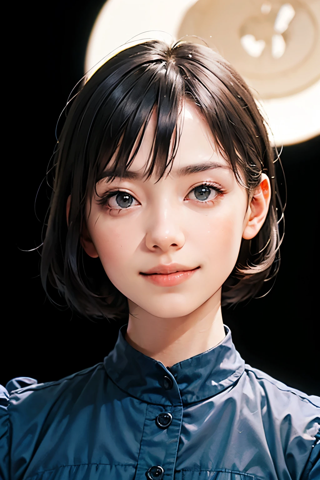 "(highest quality,8k,High resolution,masterpiece:1.2),Very detailed,(Realistic,photoRealistic,photo-Realistic:1.37),(Realistic:1.37),(Head to knee photo:1.5),One beautiful woman、short hair,Deep black eyes,21 years old,Light brown hair,Blue clothes,Blue Uniform,Moderate:Oil,Portrait of a Woman,smile,Vibrant colors,Soft lighting,Studio settings,Fine brushwork,White skin,Gentle expression,Subtle highlights,Thin hair bundle,A confident gaze,Classic black and white palette,Dramatic contrast,Bold composition,Mystery hint,Refined elegance,Professional Poses,Graceful posture,Perfect detail,Smooth skin texture,Perfect symmetry,The beauty of film: a mysterious smile,Sublime Art