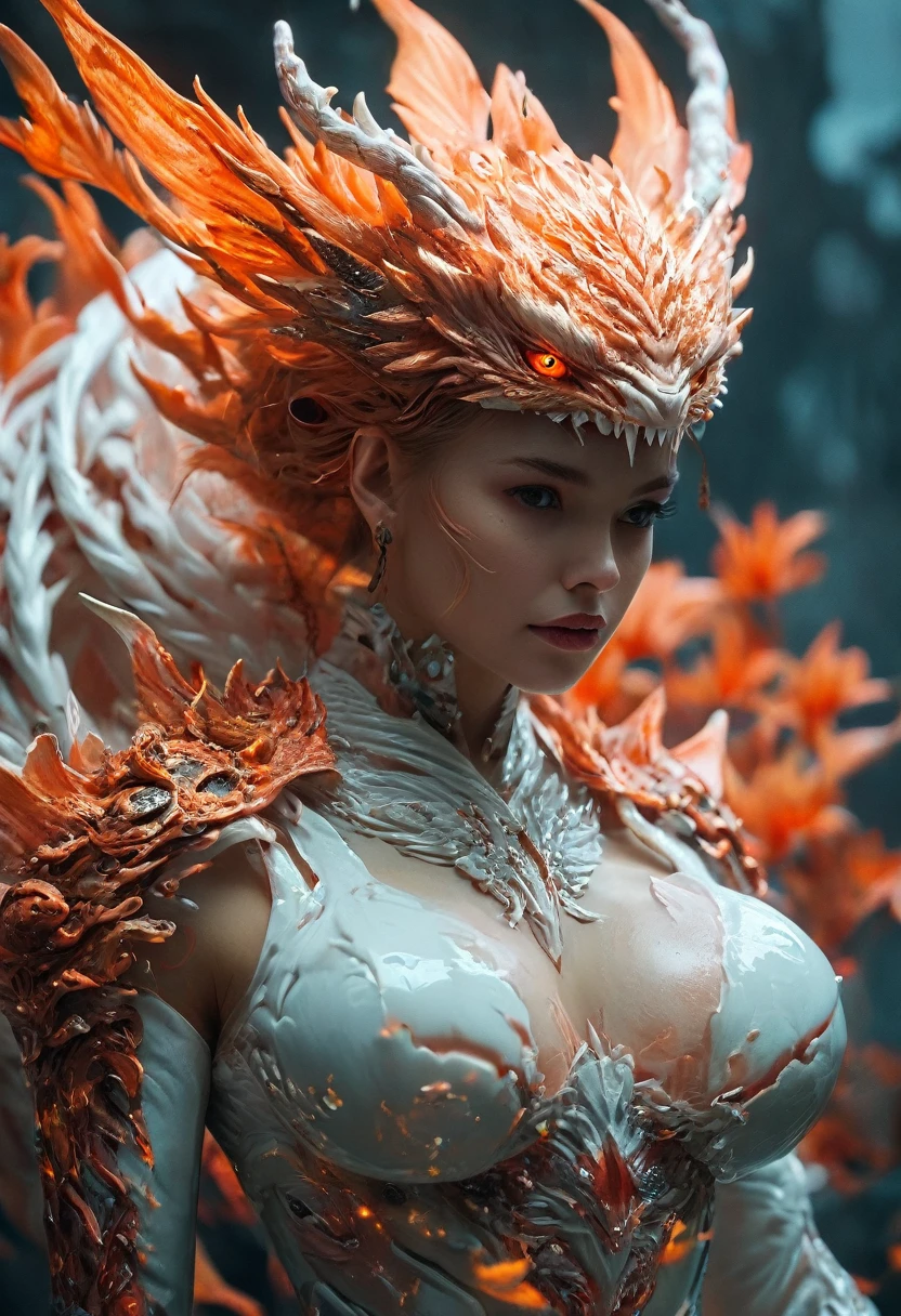 (highest quality,4K,8k,High resolution,masterpiece:1.2), Super detailed, (Realistic,photoRealistic,photo-Realistic:1.37), white creature, Otherworldly, Lovecraft, Chitinous Skin, Bioluminescence Pattern, Dark color palette, Spooky lighting.(Browsing Caution:1.4), white, pink, orange, Very long and sharp red claws, Big Claws, Her body is bioluminescent. Moisturized Skin, (Extremely detailed and intricate skin patterns:1.2), (Translucent chitinous exoskeleton:1.3), (Very small waist:1.4), (Destroyed Anatomy:1.5), violent, erotic,white狐,nine tailed fox:18,Fox Yokai,