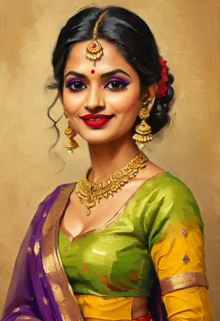 Caricature of an Indian bride wearing yellow color blouse and green color lehenga, Purple Dupatta and her hair tied in a bun, with a subtle make up Red lipstick on.