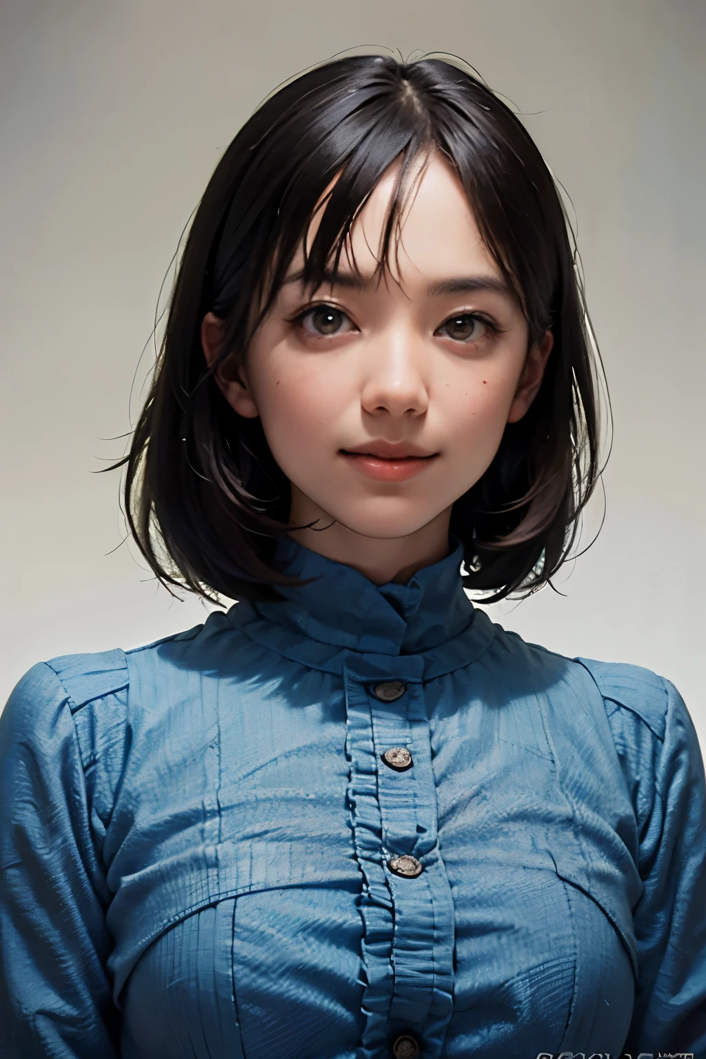 "(highest quality,8k,High resolution,masterpiece:1.2),Very detailed,(Realistic,photoRealistic,photo-Realistic:1.37),(Realistic:1.37),(Head to knee photo:1.5),One beautiful woman、short hair,Deep black eyes,21 years old,Light brown hair,Blue clothes,Blue Uniform,Moderate:Oil,Portrait of a Woman,smile,Vibrant colors,Soft lighting,Studio settings,Fine brushwork,White skin,Gentle expression,Subtle highlights,Thin hair bundle,A confident gaze,Classic black and white palette,Dramatic contrast,Bold composition,Mystery hint,Refined elegance,Professional Poses,Graceful posture,Perfect detail,Smooth skin texture,Perfect symmetry,The beauty of film: a mysterious smile,Sublime Art