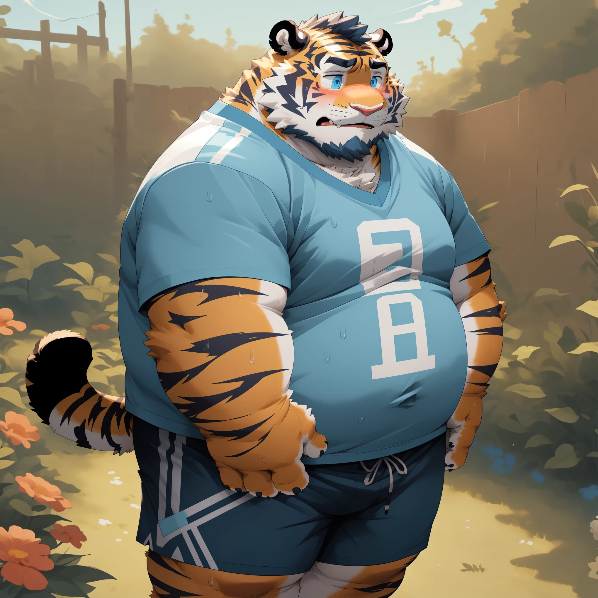 New Jersey 5 Furry,Tiger，Solitary，Chubby，Fat，Thick arms，Rugged muscles，shorts，Plush fur，Chubby脸，Black eyebrows，Sky blue eyes，Beard，（garden），（t-shirt，shorts），（blush），（Sweating）