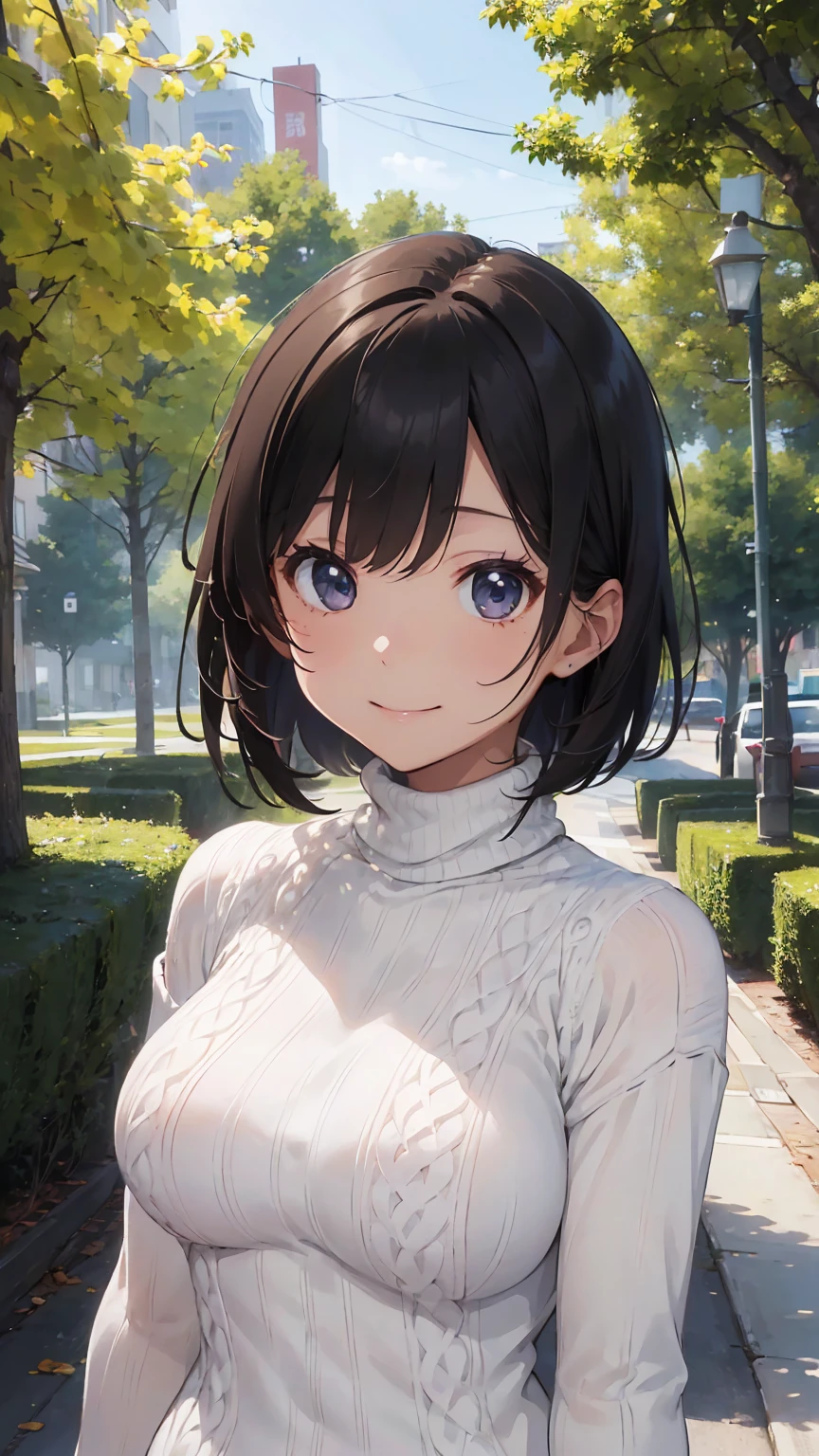 16k、masterpiece、High resolution、((1 female))、short hair、Very large breasts、(((No sleeve、turtleneck、White sweater)))、Smiling Kindly、Cute pose、Very close、Forested park