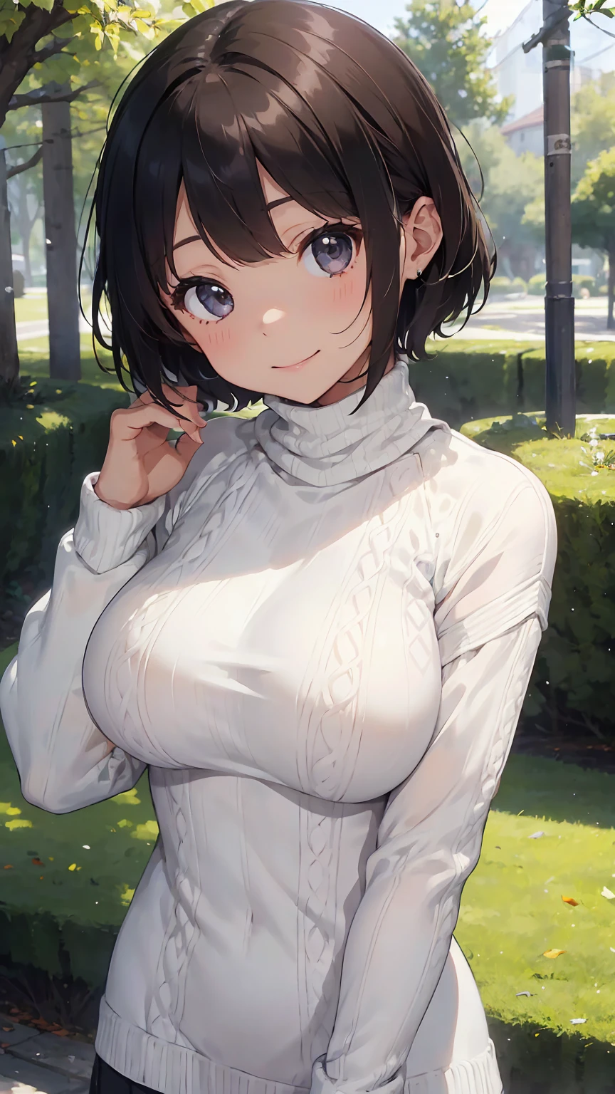 16k、masterpiece、High resolution、((1 female))、short hair、Very large breasts、(((No sleeve、turtleneck、White sweater)))、Smiling Kindly、Cute pose、Very close、Forested park