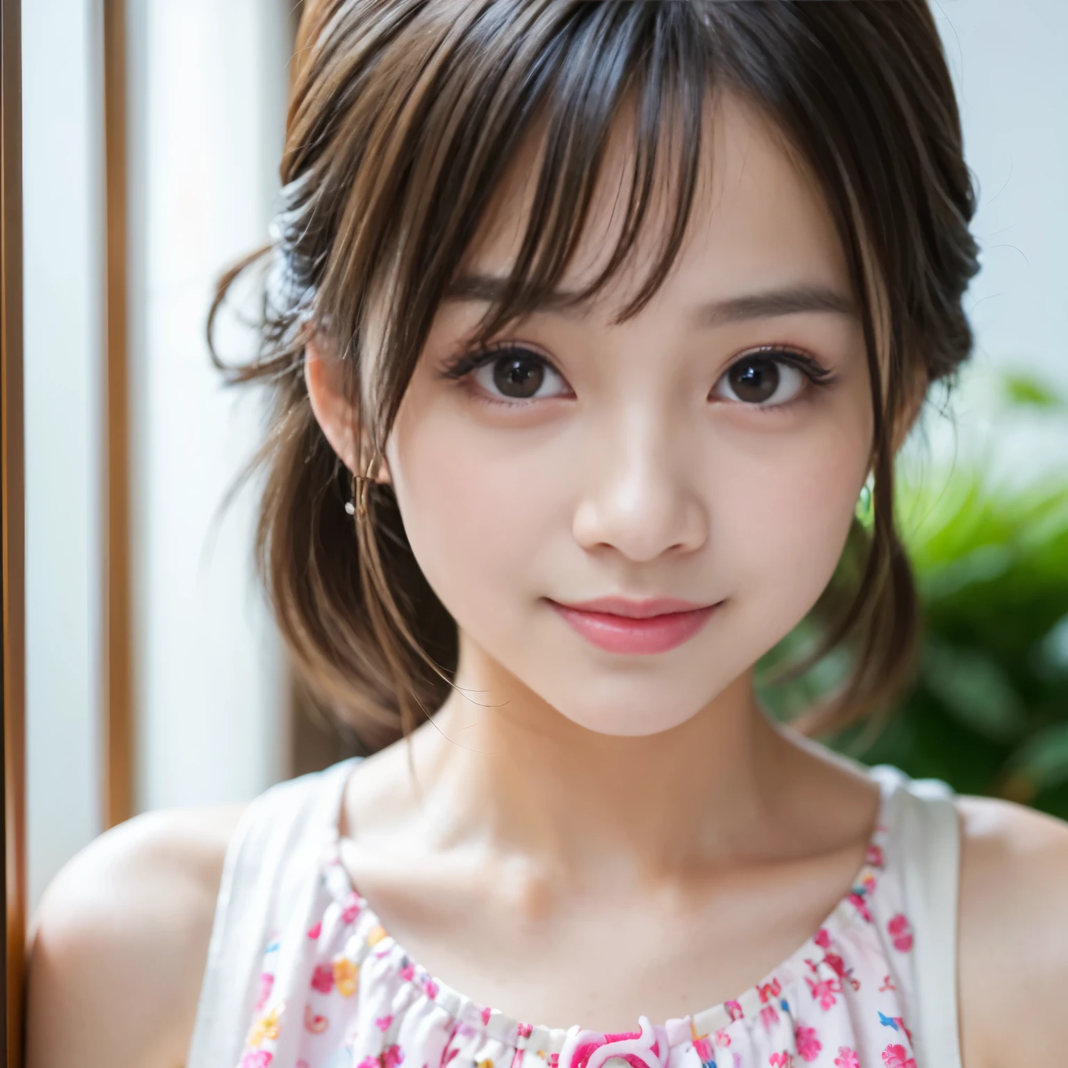 (Best-quality, Masterpiece, Ultra-High-Resolution, (Photorealistic:1.4), Raw Photo, depth of field, professional lighting, perfect anatomy, extremely details), 1girl, -yeld, thost famous Japanese idol, in luxury hotel suite, (((wearing summer clothes with the latest design))), looking at viewer, (extremely cute face like the most popular Japanese idol, (extremely cute and extremely big eyes), extremely beautiful skins), extremely cute hairstyle, extremely cute long-eyelashes, extremely cute lips, innocent smile