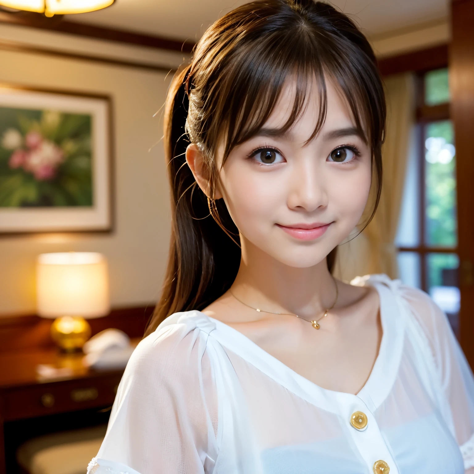 (Best-quality, Masterpiece, Ultra-High-Resolution, (Photorealistic:1.4), Raw Photo, depth of field, professional lighting, perfect anatomy, extremely details), 1girl, -yeld, thost famous Japanese idol, in luxury hotel suite, (((wearing summer clothes with the latest design))), looking at viewer, (extremely cute face like the most popular Japanese idol, (extremely cute and extremely big eyes), extremely beautiful skins), extremely cute hairstyle, extremely cute long-eyelashes, extremely cute lips, innocent smile