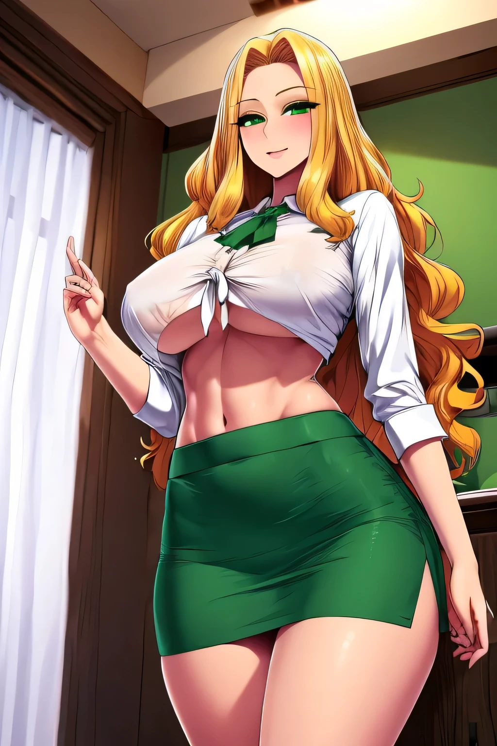A tall girl, beautiful, big breast, long wavy yellow hair, green eyes, wearing a white button-down blouse with tied knot, showing her navel, a sexy curve, and her green skirt wearing black heels.