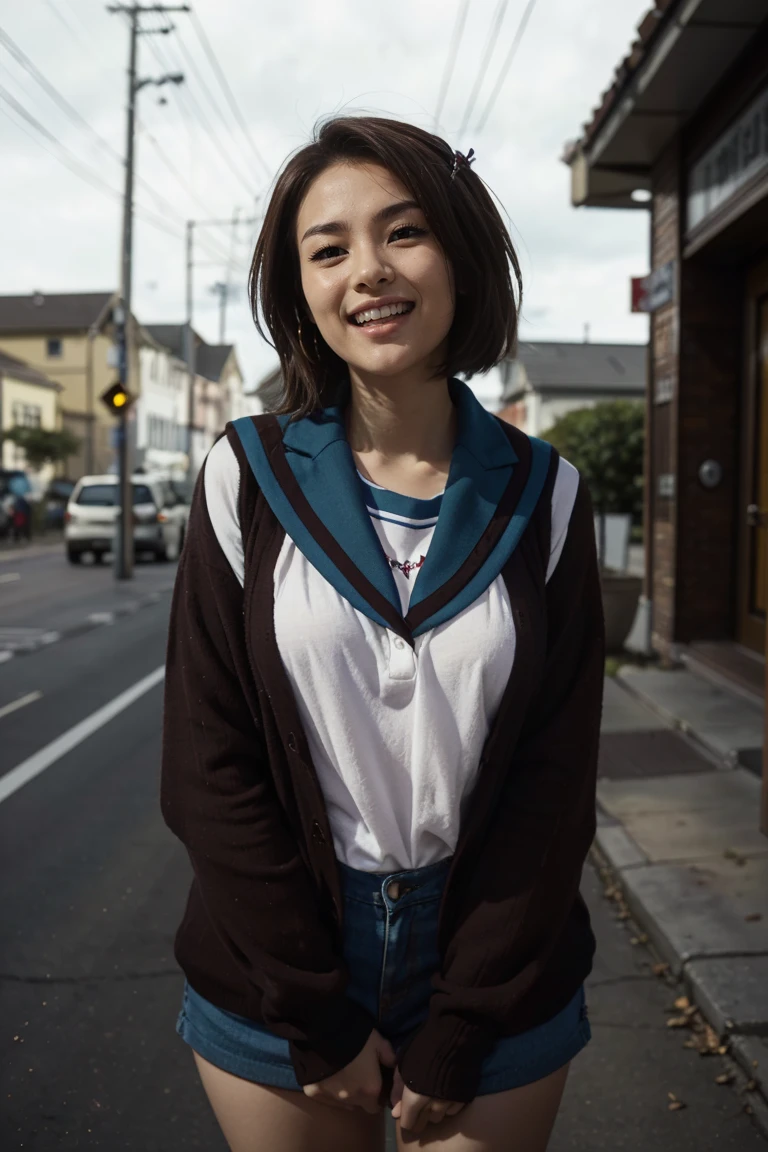 (1 lady), (Best quality at best:1.4), (ultra - detailed), (extremely detailed CG unified 16k), A Beautiful Woman with Perfect Figure: 1.4, Sharp Focus: 1.2, very detailed, High-definition RAW color photo, professional photoshooting, amazing face and eyes, cosmetics, (amazingly beautiful girl), ((kyoani haruhi style)), ((kita high scho0l uniform, sailor collar, sch0ol uniform, blue sailor collar, serafuku, cardigan, armband, ribbon, hairband)), standing, fashion posture，(Stylish urban landscape, day light), (look from down), realistic cinematic face, head to feet long wide zoomed out view, full body long view, photorealistic, ((realistic natural chocolate brown hair style, brown honey eyes, short hair, laughing, shy laughter)), gorgeous, extremely beautiful face, perfect model beauty, pout mouth, Highly Detailed Face and Skin Texture, Detailed Eyes, Double Eyelids, Medium Natural Breasts, Smile, cleavages, western, (masterpiece), best quality, high resolution, extremely detailed, detailed background, depth of field, cinematic lighting, amazing legs, clear and well-cared skin, (size head correlative with body size),