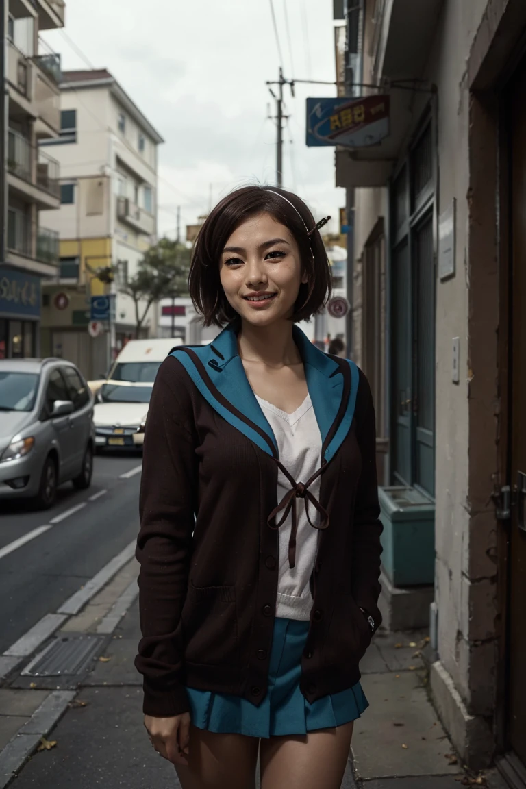 (1 lady), (Best quality at best:1.4), (ultra - detailed), (extremely detailed CG unified 16k), A Beautiful Woman with Perfect Figure: 1.4, Sharp Focus: 1.2, very detailed, High-definition RAW color photo, professional photoshooting, amazing face and eyes, cosmetics, (amazingly beautiful girl), ((kyoani haruhi style)), ((kita high scho0l uniform, sailor collar, sch0ol uniform, blue sailor collar, serafuku, cardigan, armband, ribbon, hairband)), standing, fashion posture，(Stylish urban landscape, day light), (look from down), realistic cinematic face, head to feet long wide zoomed out view, full body long view, photorealistic, ((realistic natural chocolate brown hair style, brown honey eyes, short hair, laughing, shy laughter)), gorgeous, extremely beautiful face, perfect model beauty, pout mouth, Highly Detailed Face and Skin Texture, Detailed Eyes, Double Eyelids, Medium Natural Breasts, Smile, cleavages, western, (masterpiece), best quality, high resolution, extremely detailed, detailed background, depth of field, cinematic lighting, amazing legs, clear and well-cared skin, (size head correlative with body size),