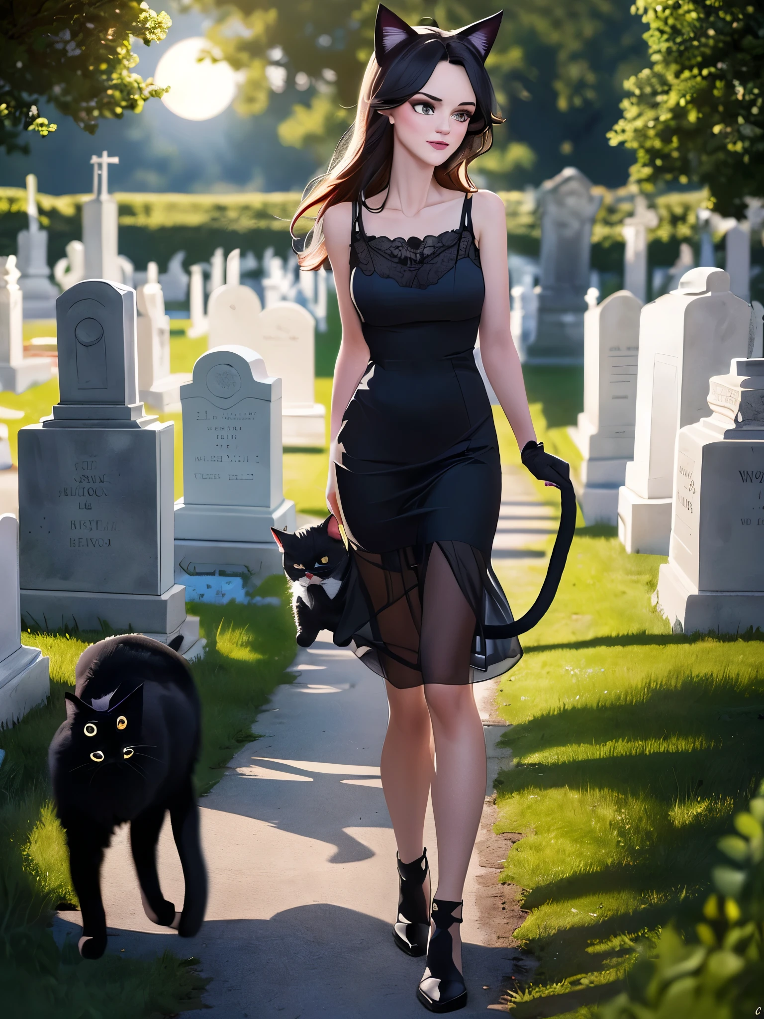 A (lovely woman (Wynona Ryder (age 20) sheer black billowing summer dress, wearing cat ears) is walking through a cemetery on a moonlit night, cradling her black cat
