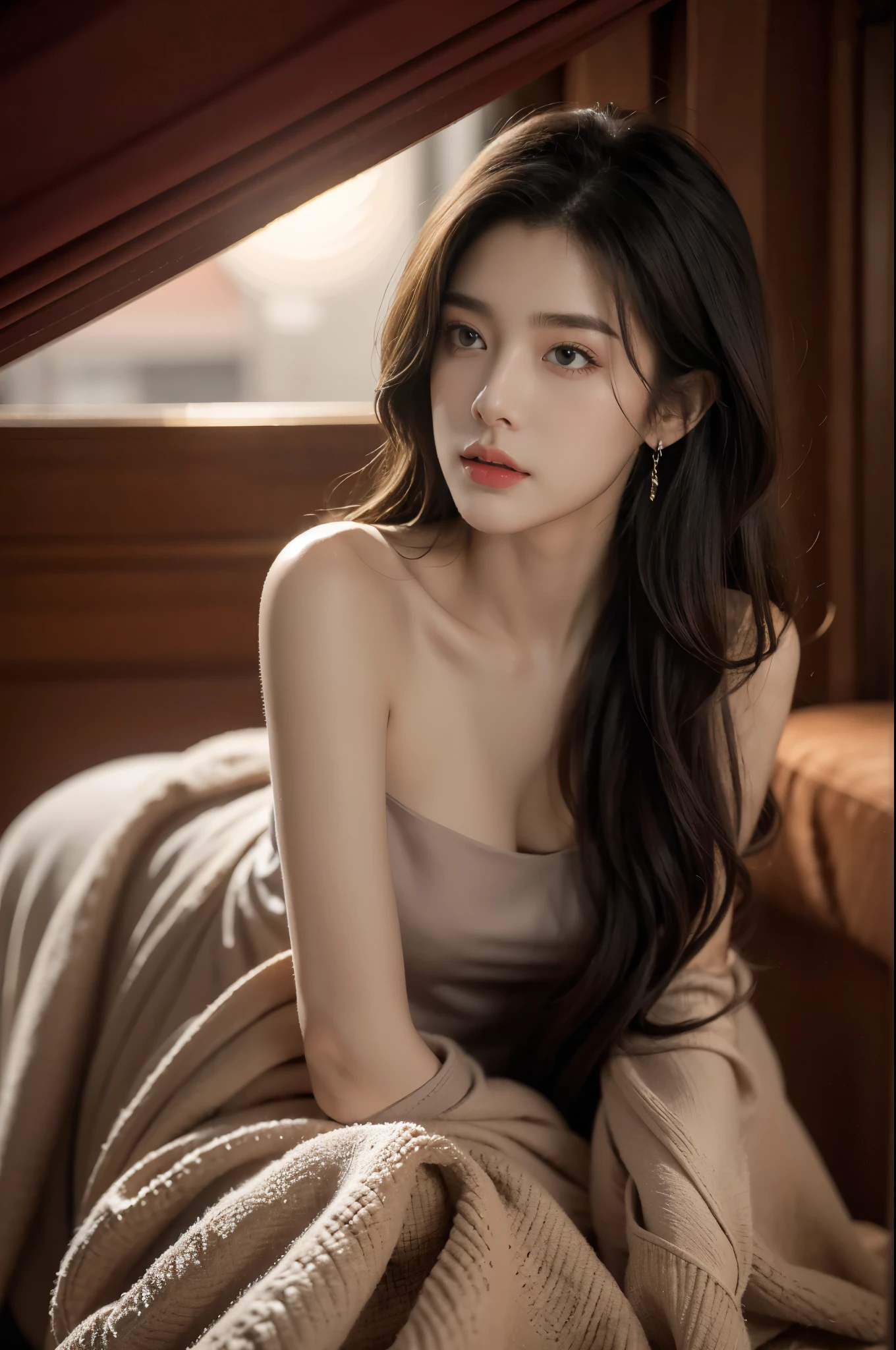 best qualtiy, tmasterpiece, ultra high resolution, (realisticlying:1.5), RAW photogr, 1 cat, adolable, in the darkness nigth, deep shading, low tune, cold light, Sexy look,shoulder length straight bob hair,slim