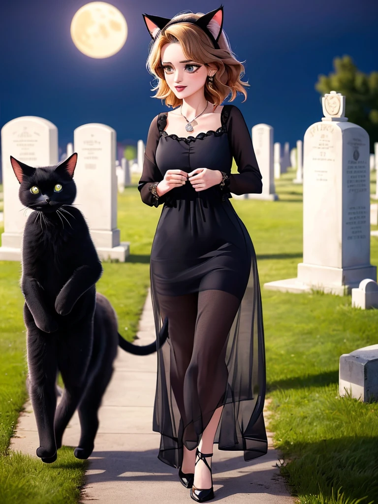 A (lovely woman (Wynona Ryder (age 20) sheer black billowing summer dress, wearing cat ears) is walking through a cemetery on a moonlit night, cradling her black cat
