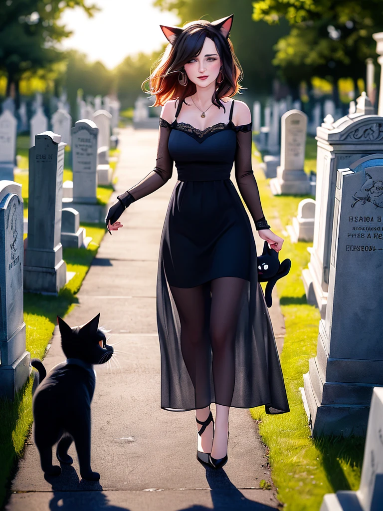 A (lovely woman (Wynona Ryder (age 20) sheer black billowing summer dress, wearing cat ears) is walking through a cemetery on a moonlit night, cradling her black cat
