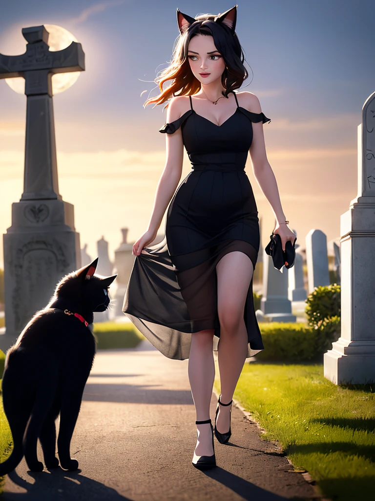 A (lovely woman (Wynona Ryder (age 20) sheer black billowing summer dress, wearing cat ears) is walking through a cemetery on a moonlit night, cradling her black cat
