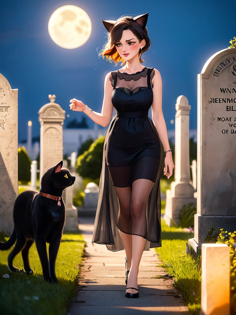 A (lovely woman (Wynona Ryder (age 20) sheer black billowing summer dress, wearing cat ears) is walking through a cemetery on a moonlit night, cradling her black cat
