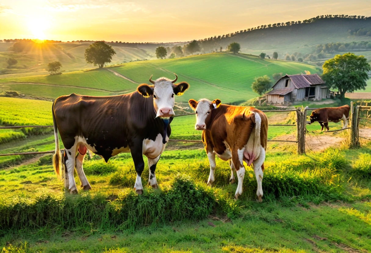 Convey the rustic charm of rural life with a scene of a contented cow enjoying the last rays of sunlight as the day comes to a close in the countryside.