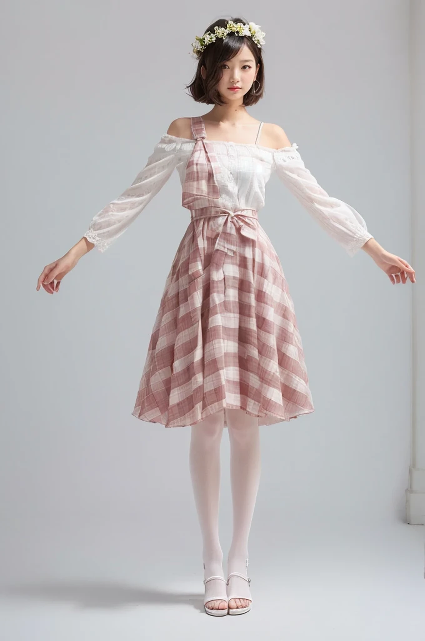(White sandals、White plaid stockings)、