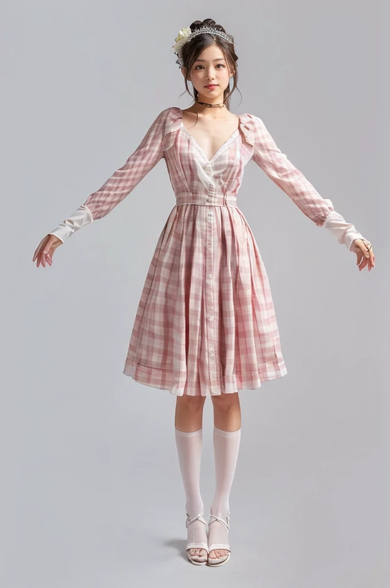 (White sandals、White plaid stockings)、
