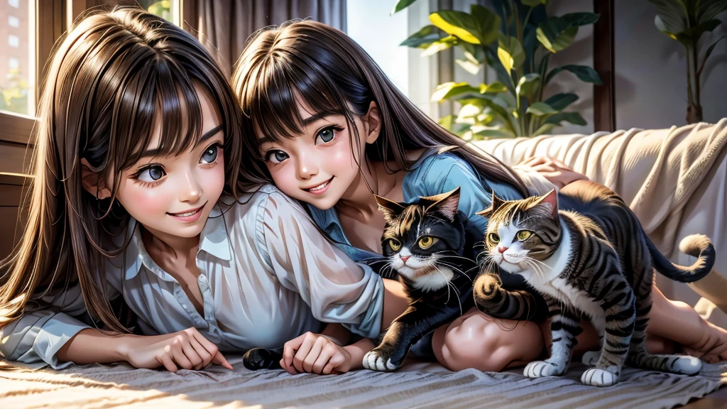 Girl and cat、Playing