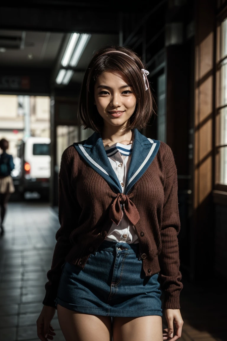 (1 lady), (Best quality at best:1.4), (ultra - detailed), (extremely detailed CG unified 16k), A Beautiful Woman with Perfect Figure: 1.4, Sharp Focus: 1.2, very detailed, High-definition RAW color photo, professional photoshooting, amazing face and eyes, cosmetics, (amazingly beautiful girl), ((kyoani haruhi style)), ((kita high scho0l uniform, sailor collar, sch0ol uniform, blue sailor collar, serafuku, cardigan, armband, ribbon, hairband)), standing, fashion posture，(Stylish urban landscape, day light), (look from down), realistic cinematic face, head to feet long wide zoomed out view, full body long view, photorealistic, ((realistic natural chocolate brown hair style, brown honey eyes, short hair, laughing, shy laughter)), gorgeous, extremely beautiful face, perfect model beauty, pout mouth, Highly Detailed Face and Skin Texture, Detailed Eyes, Double Eyelids, Medium Natural Breasts, Smile, cleavages, western, (masterpiece), best quality, high resolution, extremely detailed, detailed background, depth of field, cinematic lighting, amazing legs, clear and well-cared skin, (size head correlative with body size),