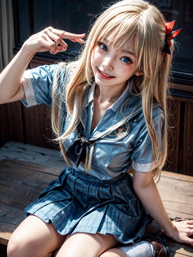 （8k, highest quality, Pieces fly:1.2)、Ultra-high resolution、anime,1 very pretty girl,Asuka Langley,Highly detailed face, Fine grain,blue eyes,,White sailor collar plain short sleeve shirt,Light blue skirt,Light Blue Suspenders,uniform_Red ribbon,Orange Hair,Long Hair、Detailed hand and fingers,put your hands in your hair,Grin、sitting on desk,Shooting from above,classroom