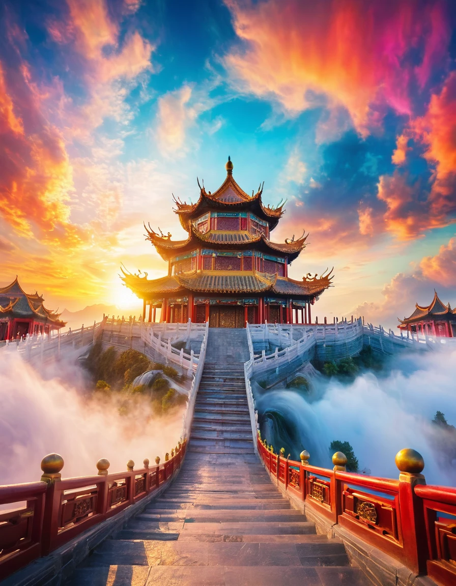 In a dreamy scene full of Chinese style, the fairy heavenly palace, surrounded by colorful clouds, glamorous. Use a wide-angle lens to capture this magnificent sight, bringing a super shocking visual effect. The clouds in the sky are colorful, full of movement and vitality. The picture quality is super clear, every detail is clearly visible, and the whole picture is full of mystery and dreamy atmosphere.xianxia