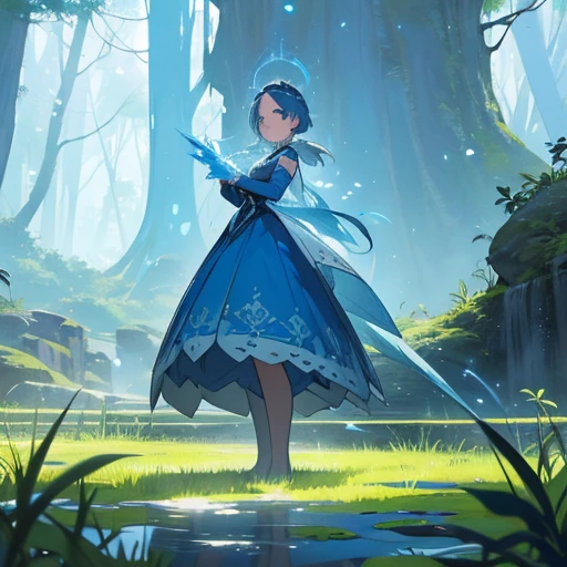 Garota, , cabelo curto e azul, asas de gelo, vestido azul e branco, de costas, encarando um sapo gigante, scenery is a forest, she has a little frozen frog in her hands, manga cover style