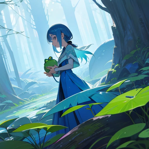 Garota, , cabelo curto e azul, asas de gelo, vestido azul e branco, de costas, encarando um sapo gigante, scenery is a forest, she has a little frozen frog in her hands, manga cover style