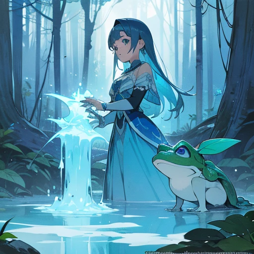 Garota, , cabelo curto e azul, asas de gelo, vestido azul e branco, de costas, encarando um sapo gigante, scenery is a forest, she has a little frozen frog in her hands, manga cover style