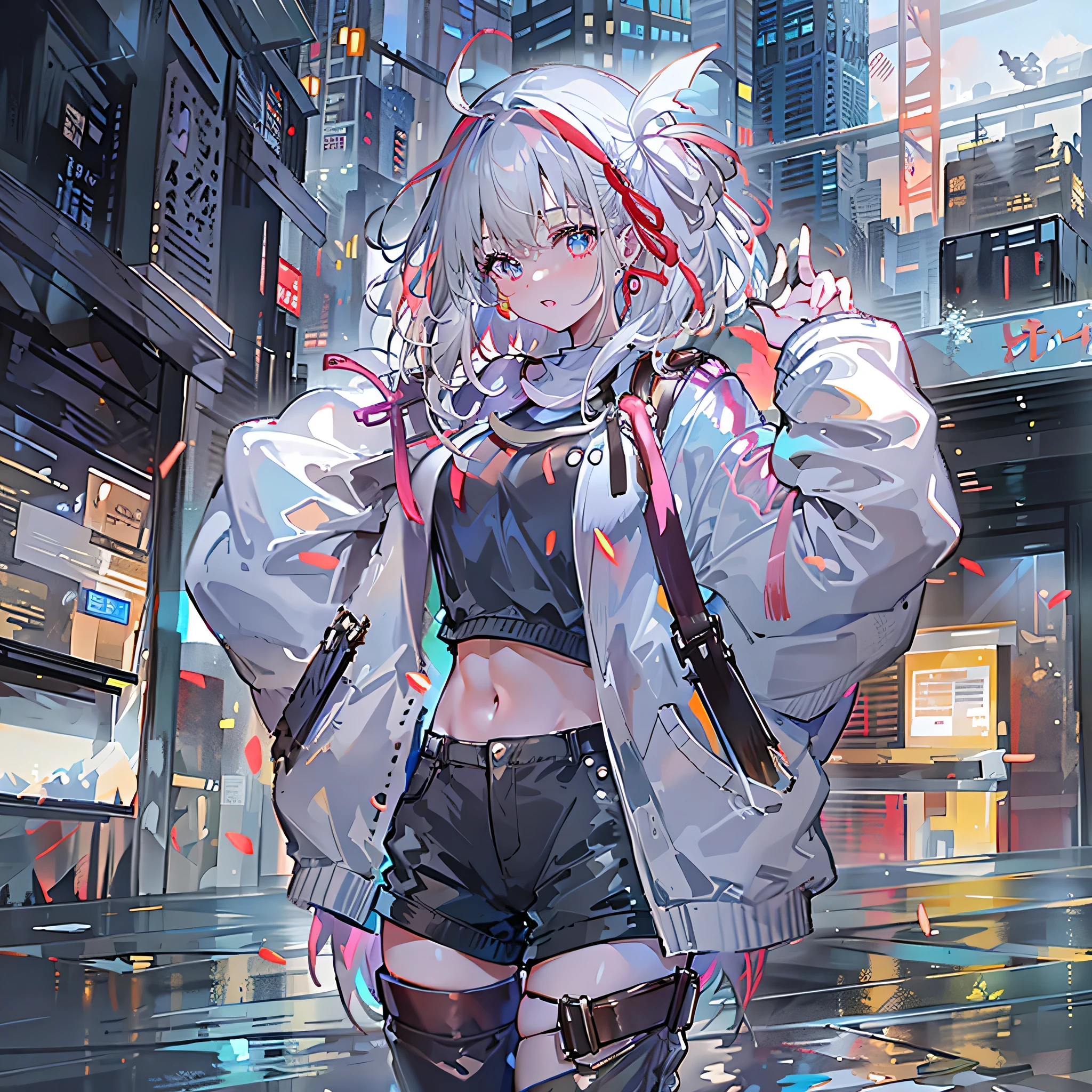 8K resolution、((top-quality))、((masterwork))、((ultra-detailliert))、1 woman、solo、incredibly absurdness、Oversized Hoodies、white earphone、street、plein air、Sateen、neons、Shortcut Hair、Brightly colored eyes、Hands in pockets、shortpants、water dripping、really cute
