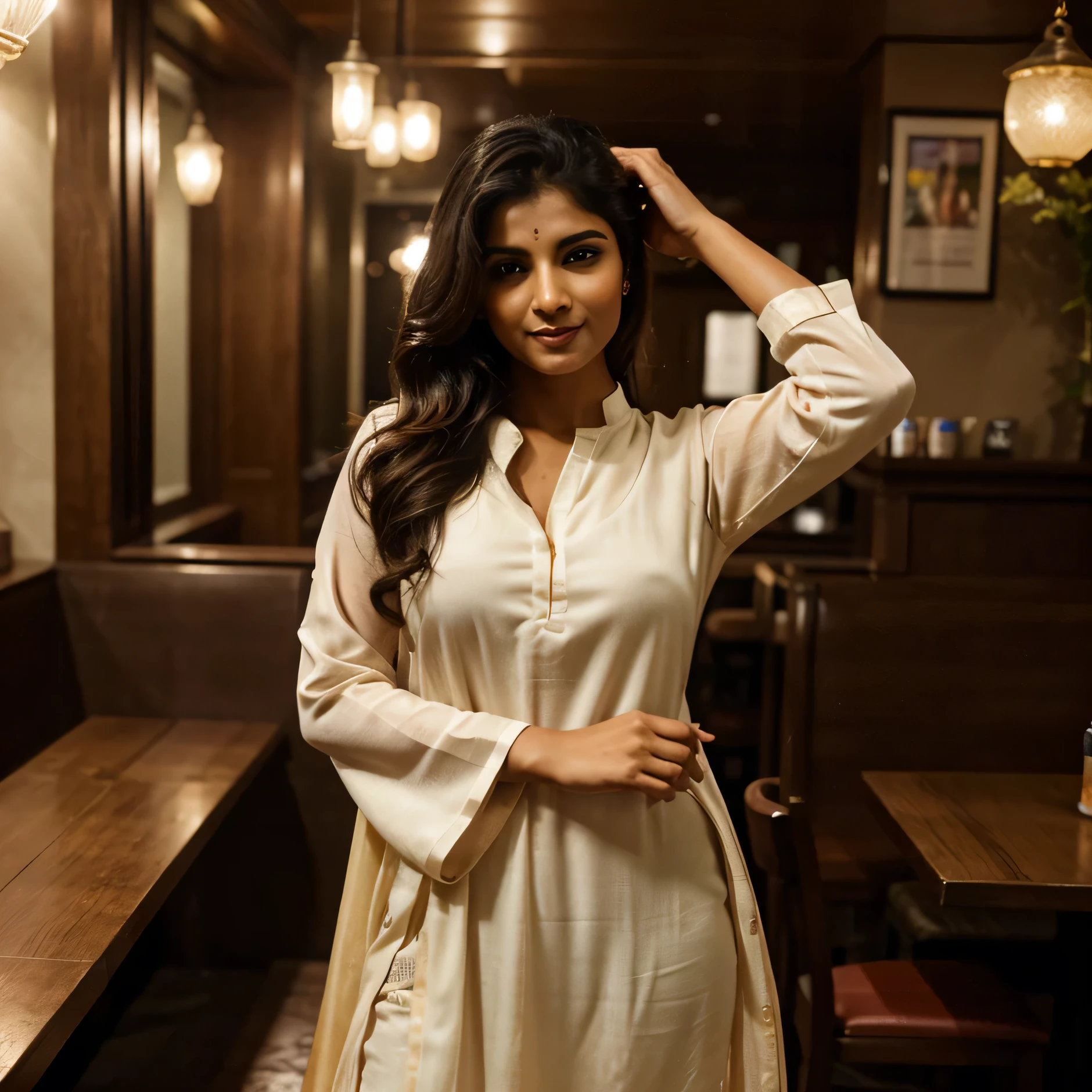 A charming Indian woman with an elegant posture and incomparable beauty. Her soft dimples and realistic expression lines add authenticity. She is dressed in a silk kurta and leggings, with realistic skin texture. She stands indoors in a PUB during the Nighttime, looking straight at the camera in a dynamic pose. To capture this extraordinary scene, a high-resolution camera such as the Phase One XF IQ4 150MP is required. The lighting is diffused and natural, minimizing harsh shadows. The camera settings include a medium aperture, adjusted shutter speed, and a high-quality wide-angle lens with a focal length of approximately 35mm to capture the entire scene in an immersive way. Sharp, precise details are captured, from her wavy hair to the complex clothing patterns, ensuring a natural and stunning image.
