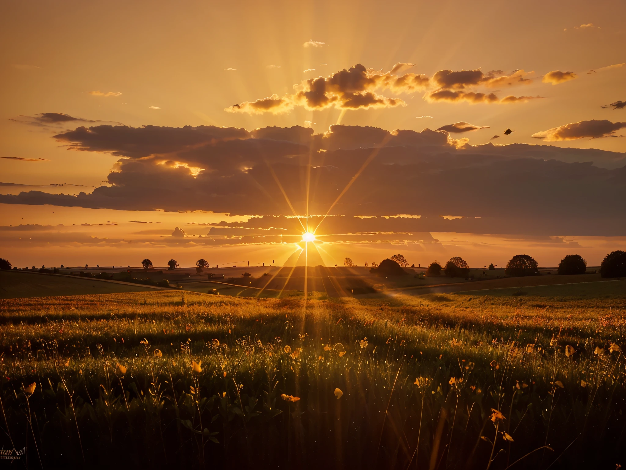 sunset in a field of flowers in the distance, epic red - orange sunlight, rays of golden red sunlight, intense sunlight, the brilliant dawn on the meadow, at golden hour, at the golden hour, bright yellow and red sun, in the golden hour, golden hour sunlight, sundown golden hour, golden hour sun rays, red and orange glow