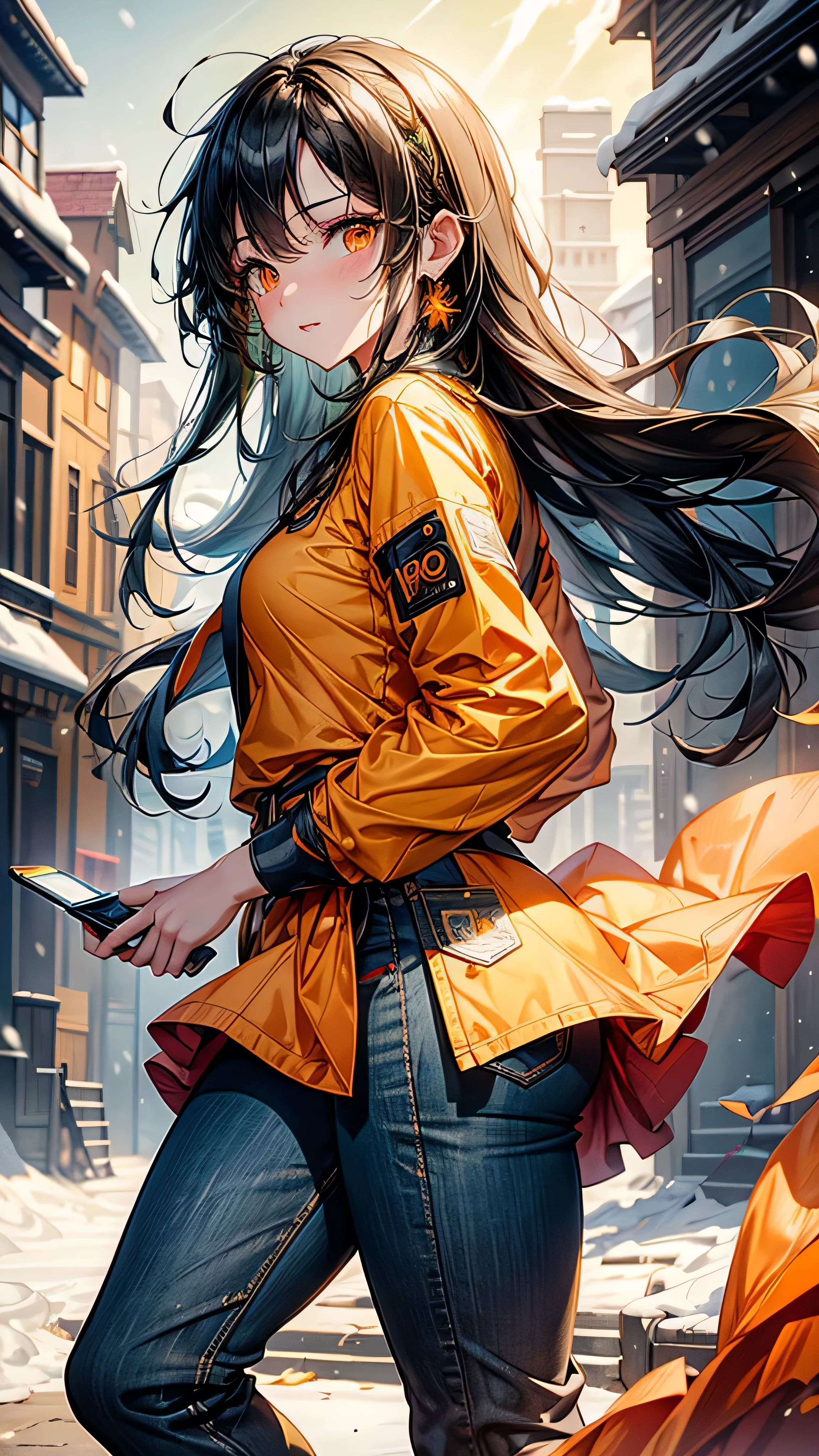 (8K Ultra High-Quality) (Masterpieces) 1 Girl, long Black hair, orange eyes color, wearing green Coast, wearing long Jean, Snow town background, playing phone, sunshine, cute face.