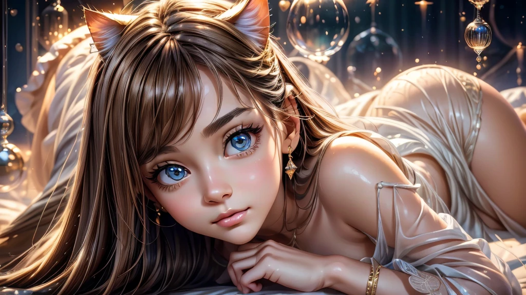 high quality, 3d, 1girl, cat, playing, cute, adorable, lovely, beautiful detailed eyes, beautiful detailed lips, extremely detailed face and figure, intricate details, photorealistic, realistic lighting, dramatic lighting, warm colors, soft colors, delicate, elegant, graceful, fantasy, whimsical, magical realism, dreamlike, ethereal, calming, peaceful