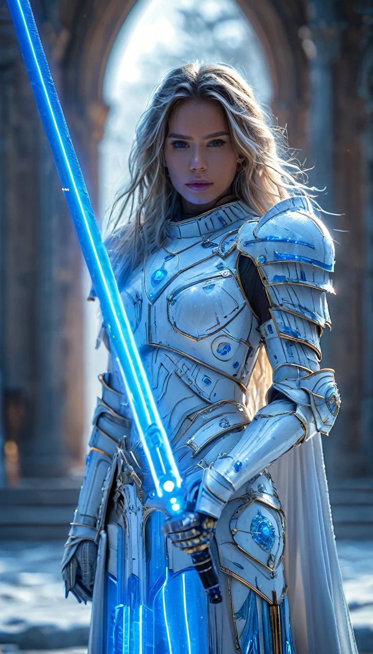 woman wearing futuristic armor, long hair, holding blue laser light saber, FrostedStyle, white, HKStyle, world, castle, bokeh, realistic, masterpiece, intricate detail, 8K, HDR,