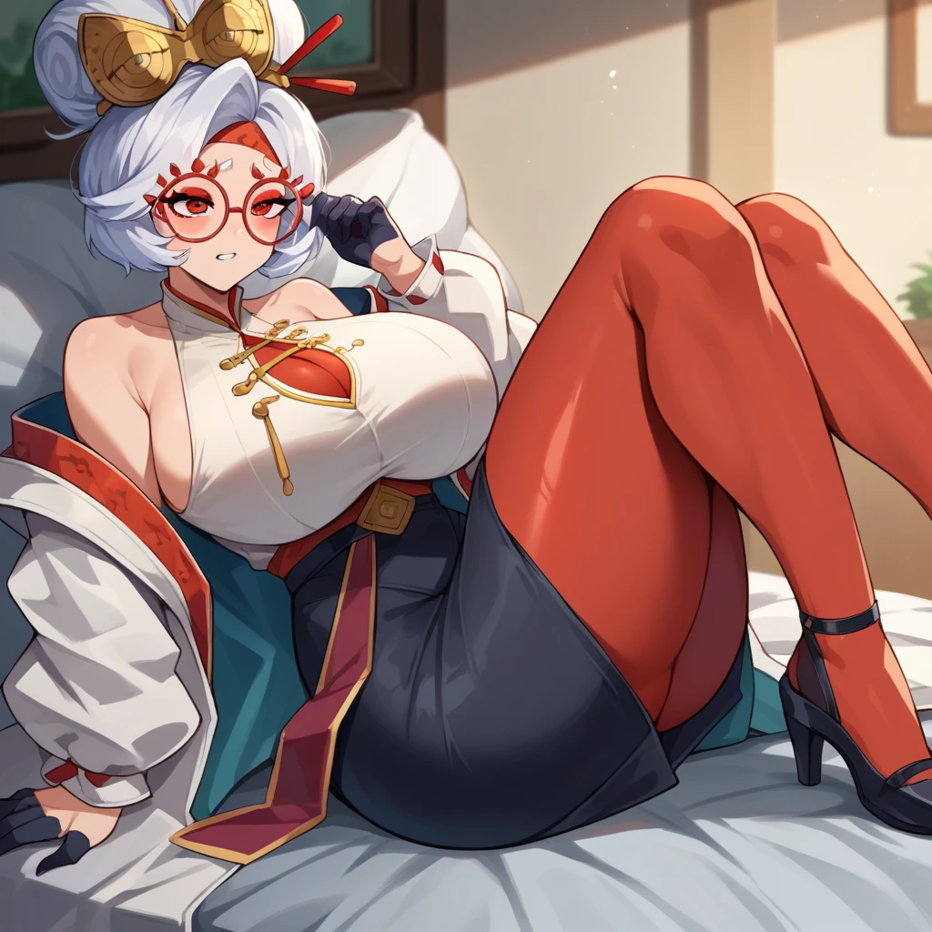 score_9, score_8_up, score_7_up, score_6_up, score_5_up, score_4_up, (source_anime), purah, 1girl, huge breasts, narrow waist, thick thighs, hair ornament, red headband, red glasses, sleeveless shirt, white coat, black skirt, red leggings, gloves, high heels, vaginal, faceless male, huge 2 penis,(((nsfw)))