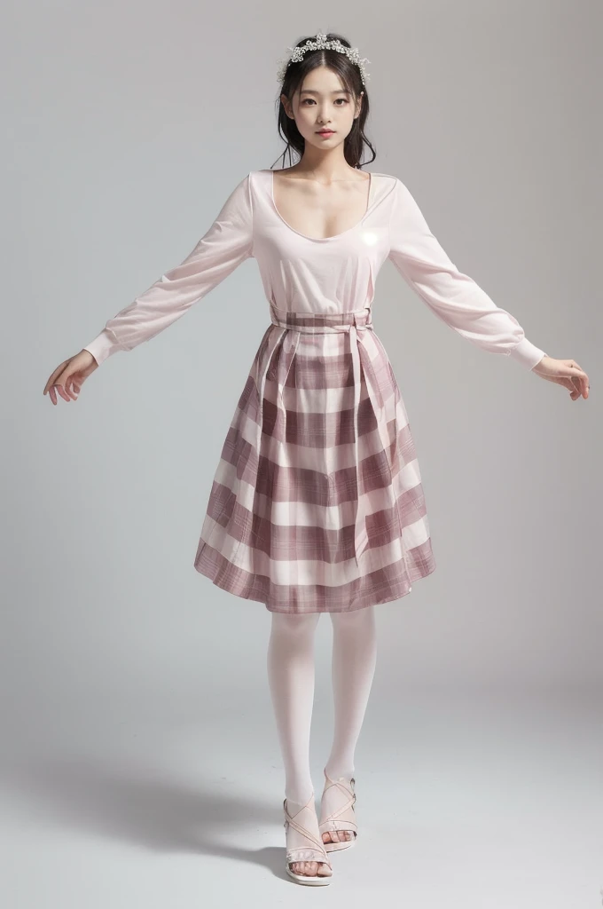 Beautiful clavicle、Pink long sleeve、(White sandals、White plaid stockings)、Black hair woman、