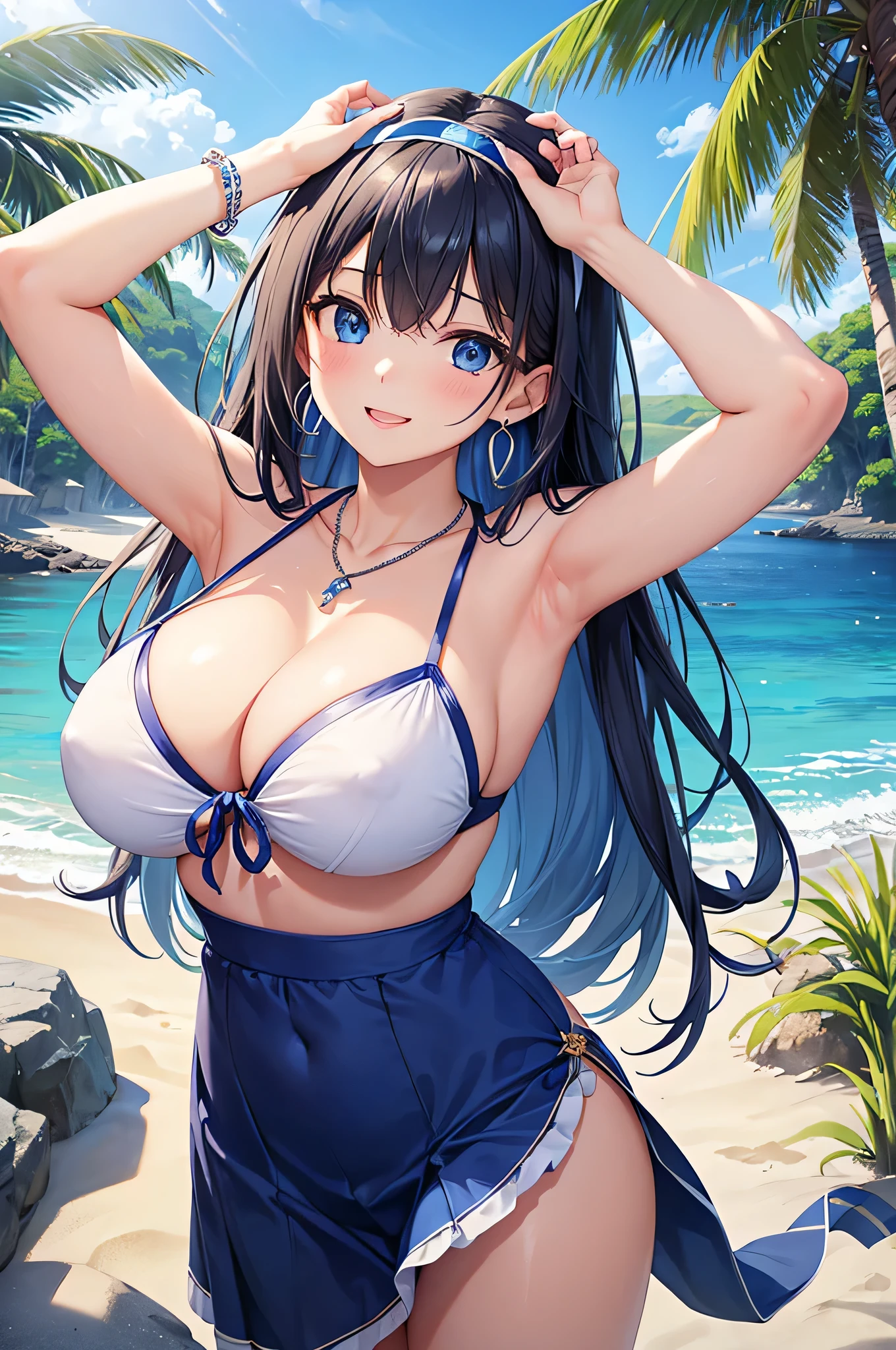 highest quality、Highest quality、masterpiece、beautiful girl、Navy blue long hair、blue eyes、Navy Blue Bikini、Big cleavage、(Big Breasts),smile、blue necklace、Blue Earrings、background(Beach)、Please open your mouth wide、White headband、bracelet、Raise both arms and place hands behind your head,Raise both elbows all the way up above your head