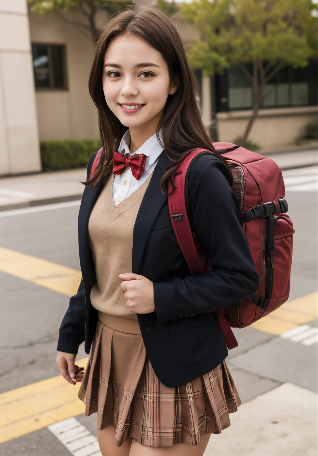 (masterpiece, best quality:1.0), highly detailed,  detail,  1girl , high, long hair, brown hair, UNiform, red bowtie, collared shirt, sweater vest, blazer, black blazer, opened jacket, long sleeves, plaid skirt, brown skirt, outdoor,  smile,  standing, cowboy shot, wearing travel backpack, (travel backpack:1.1), red backpack 