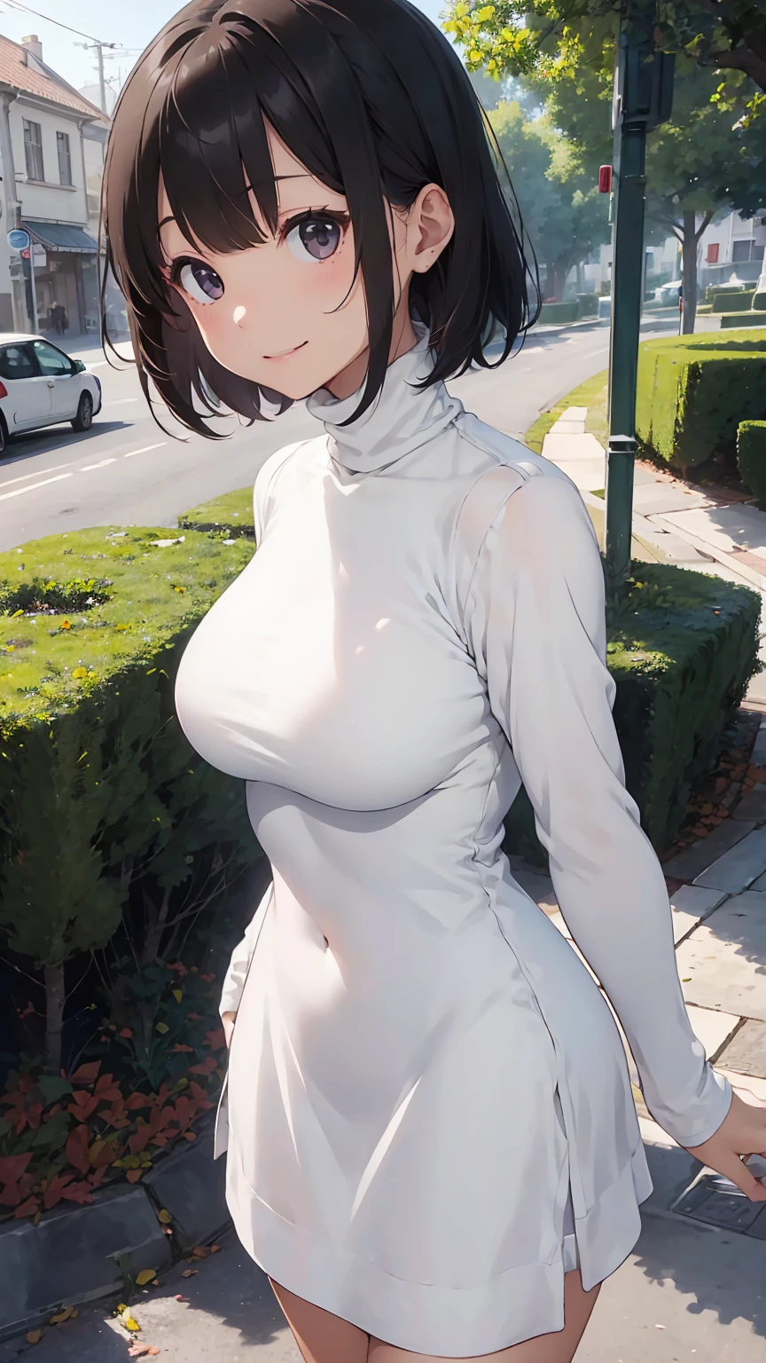 16k、masterpiece、High resolution、((1 female))、short hair、Very large breasts、(((No sleeve、turtleneck、White dress)))、Smiling Kindly、Cute pose、Very close、Forested park