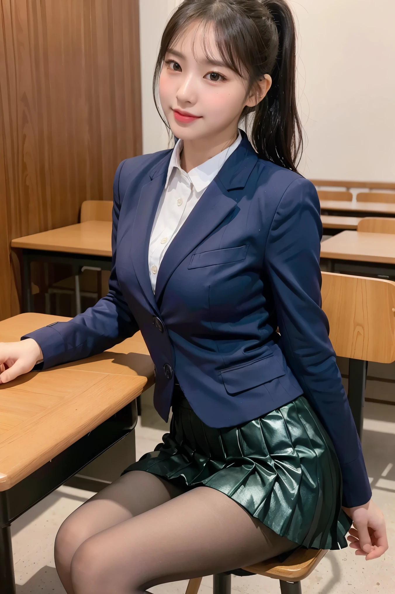 (8k), (highest quality: 1.2), (Realistic), (Realistic: 1.37), Ultra-high resolution, 1 girl, cute, Shiny skin,(Blushing:1.2),smile, Red Lip,Mouth closed, Beautiful details, Beautiful Nose, whole body, Wet Hair, ponytail,Navel exposed,(University Student Uniform:1.2),A simple blazer,(Pleated skirt:1.4),Sit on a chair, (shiny natural hose:1.3)