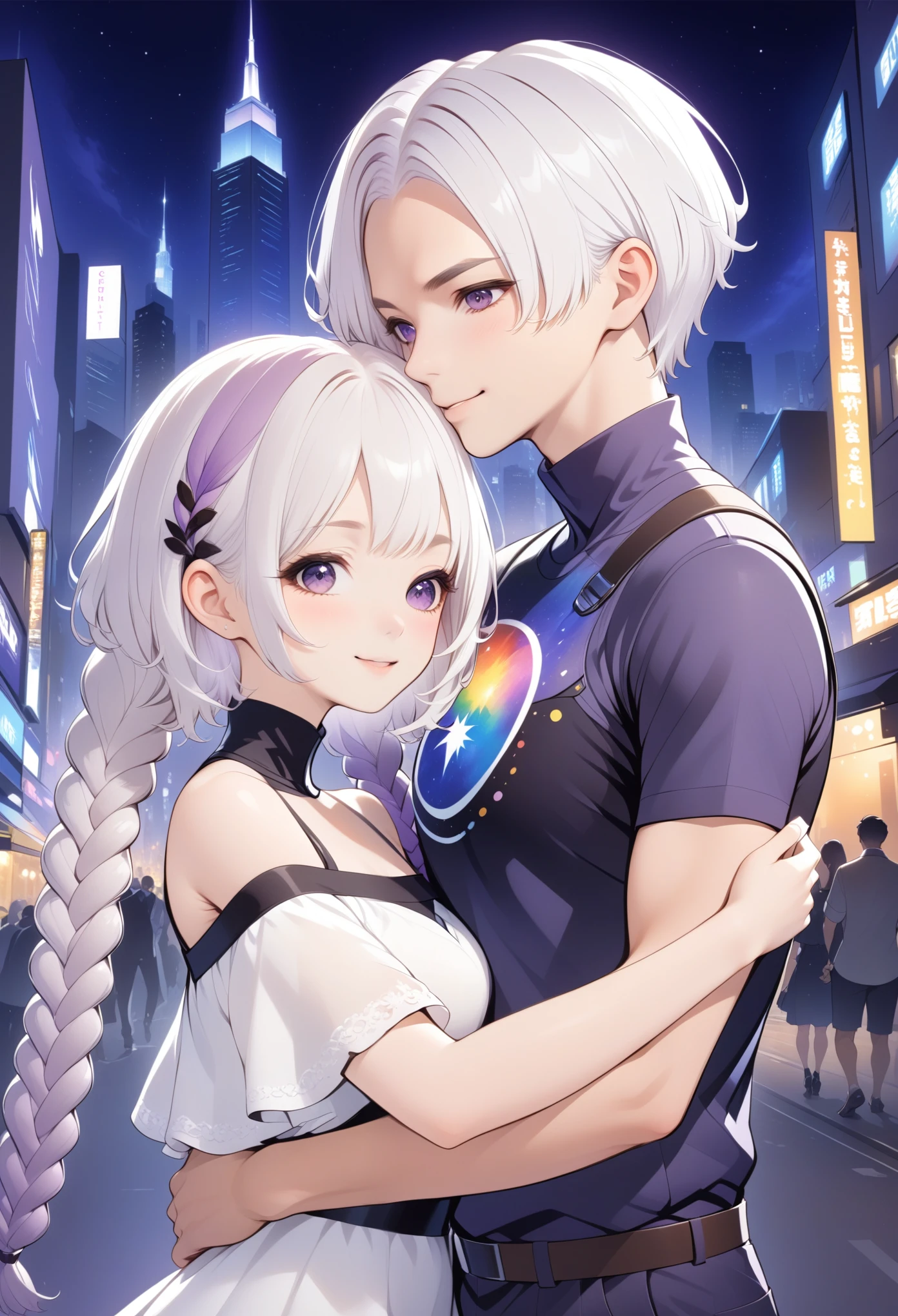 The right amount of art，Layered art：Happy couple，1 Boy-Short Hair。1 girl - white hair - purple double braids，High collar off-shoulder short sleeves，City night scene